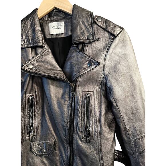 PARKER Moto Metallic Leather Jacket Zipper Collared Pewter Large Fits Small EUC - Picture 13 of 14